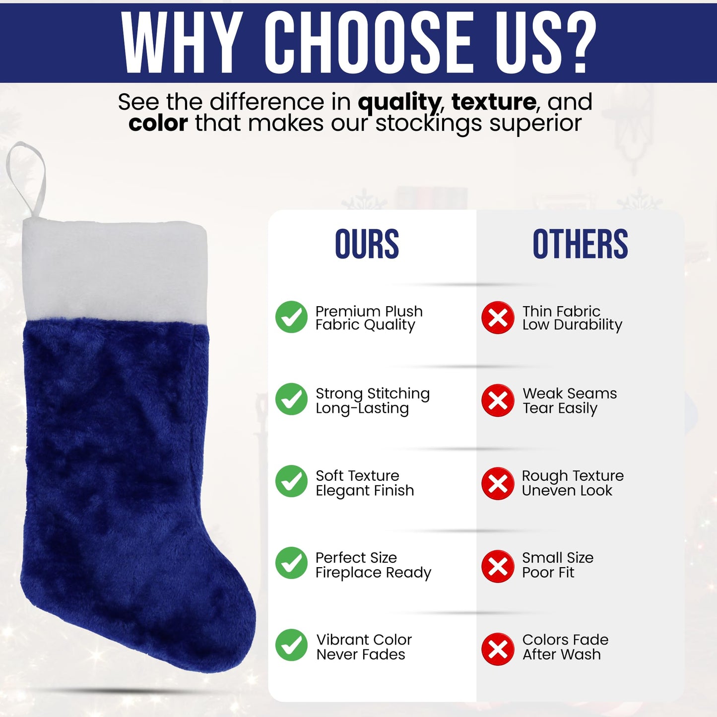 Iconikal 4-Pack Blue Plush Fabric Christmas Stocking, 18-inches Tall, Festive Decor
