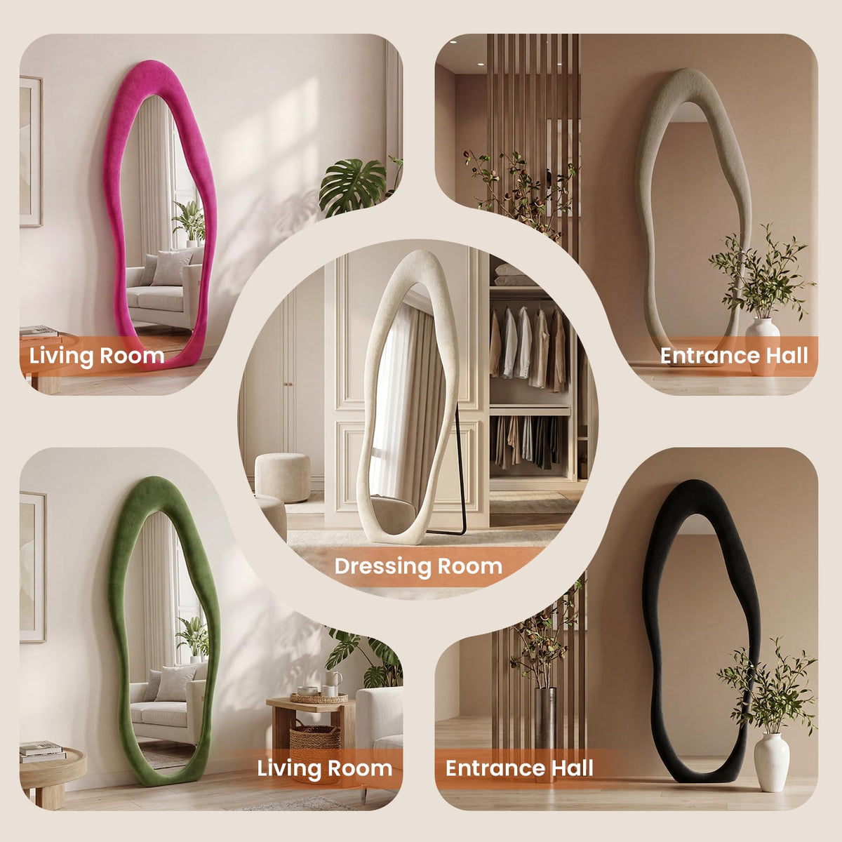 ZHUNFA Full Length Mirror,65×24 Mirror Full Length Wall Mounted Wrapped in Flannel,Featuring an Irregular Cloud Shaped Design,Room,Bedroom,Living Room Home Decor,Light Coffee.