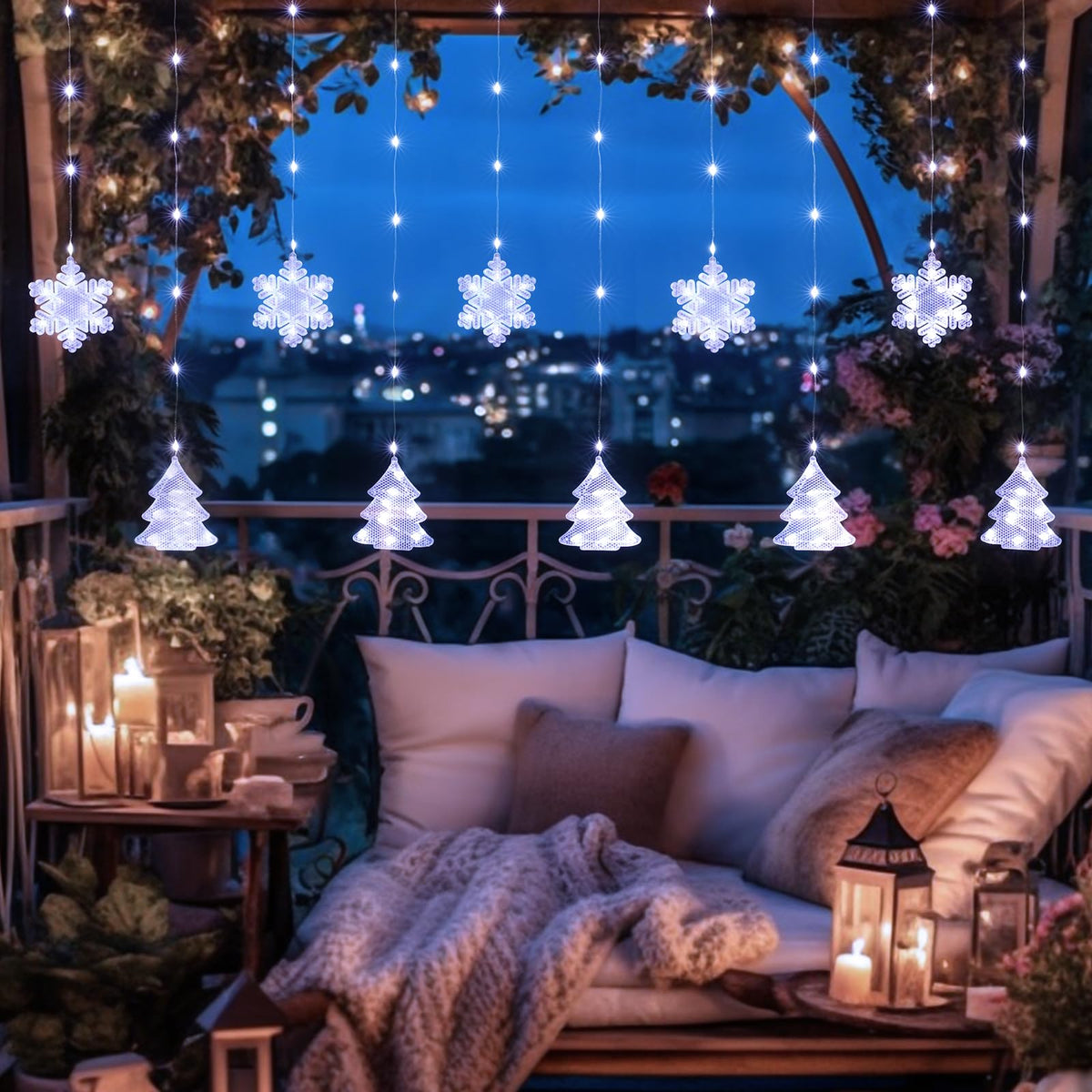 BLOOMWIN Christmas Window Lights Indoor - 2M 160 LED Christmas Window Decorations, Snowflake Curtain Hanging Fairy String Icicle Lights for Xmas Noel Bedroom Holiday Home Outdoor, Cold White USB