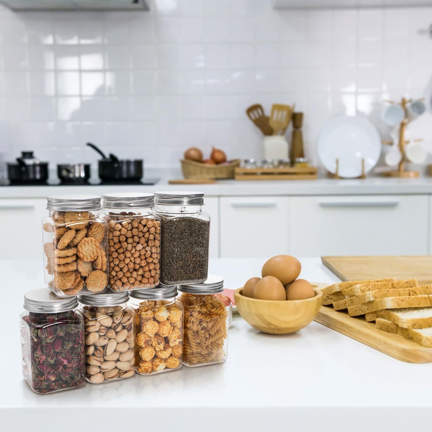 Bekith 16 Pack Clear Plastic Jars with Lids, 13oz Airtight Container for Food Storage, Refillable Square Empty Plastic Jars for Dry Food, Peanut Butter, Honey and Jam Storage