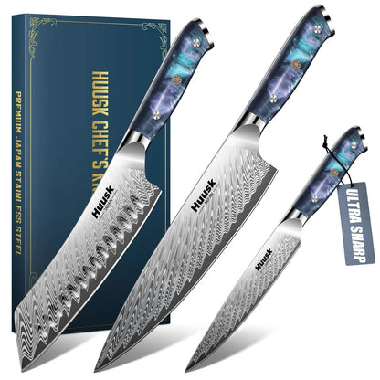 Huusk Japanese Knife Set 3 PCS - Stainless Chef Knife Set with Sheath & Ergonomic Resin Handle, Hand Sharpened Full Tang Professional Kitchen Knives for All Purpose, Gifts Idea for Men Women