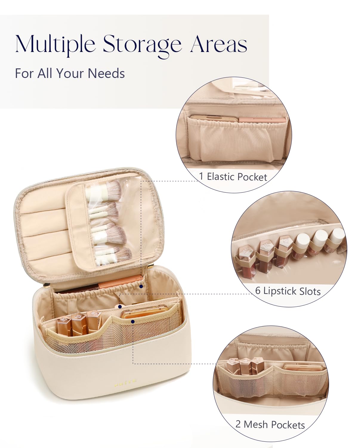 Prite Large Makeup Bag for Women Travel Cosmetic Case Waterproof PU Leather Toiletry Bag Portable Make Up Organiser with Handle and Removable Divider (Beige)