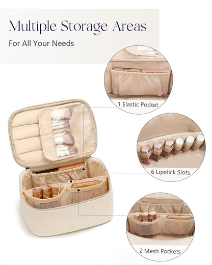 Prite Large Makeup Bag for Women Travel Cosmetic Case Waterproof PU Leather Toiletry Bag Portable Make Up Organiser with Handle and Removable Divider (Beige)