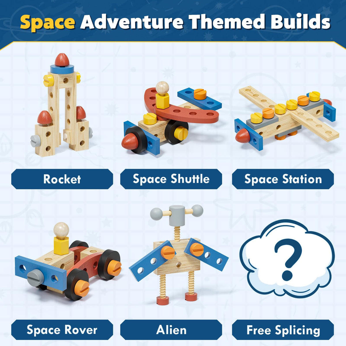 Wooden Kids Tool Set, Space Themed Montessori Toy, 47Pcs Construction Toolbox for Toddlers 3-5 Years Old