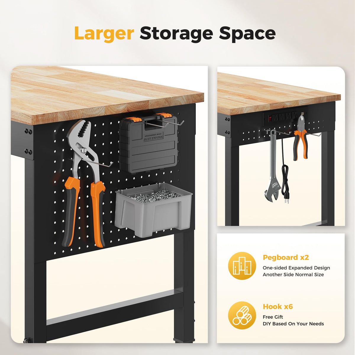 CAMMOO 60" Adjustable Heavy Duty Workbench, 2000 LBS Load Capacity Rubber Wood Work Table with Pegboard, Power Outlets, Work Bench for Garage, Workshop, Office, Home, Commercial