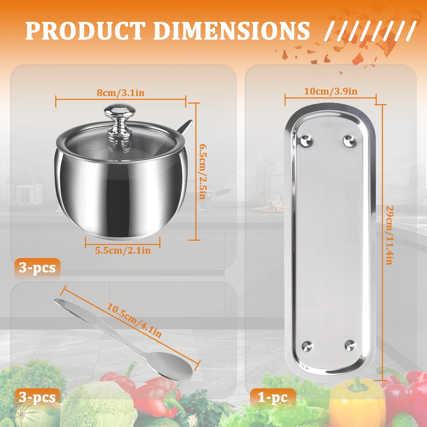 Roucerlin 3 Grids 10 Oz Stainless Steel Sugar Bowl with Spoon Tray Lid, Silver Salt Spice Containers Dispenser Set, Sugar Jar Holder Dish for Coffee Bar Storage Seasoning Kitchen Countertop (Silver)