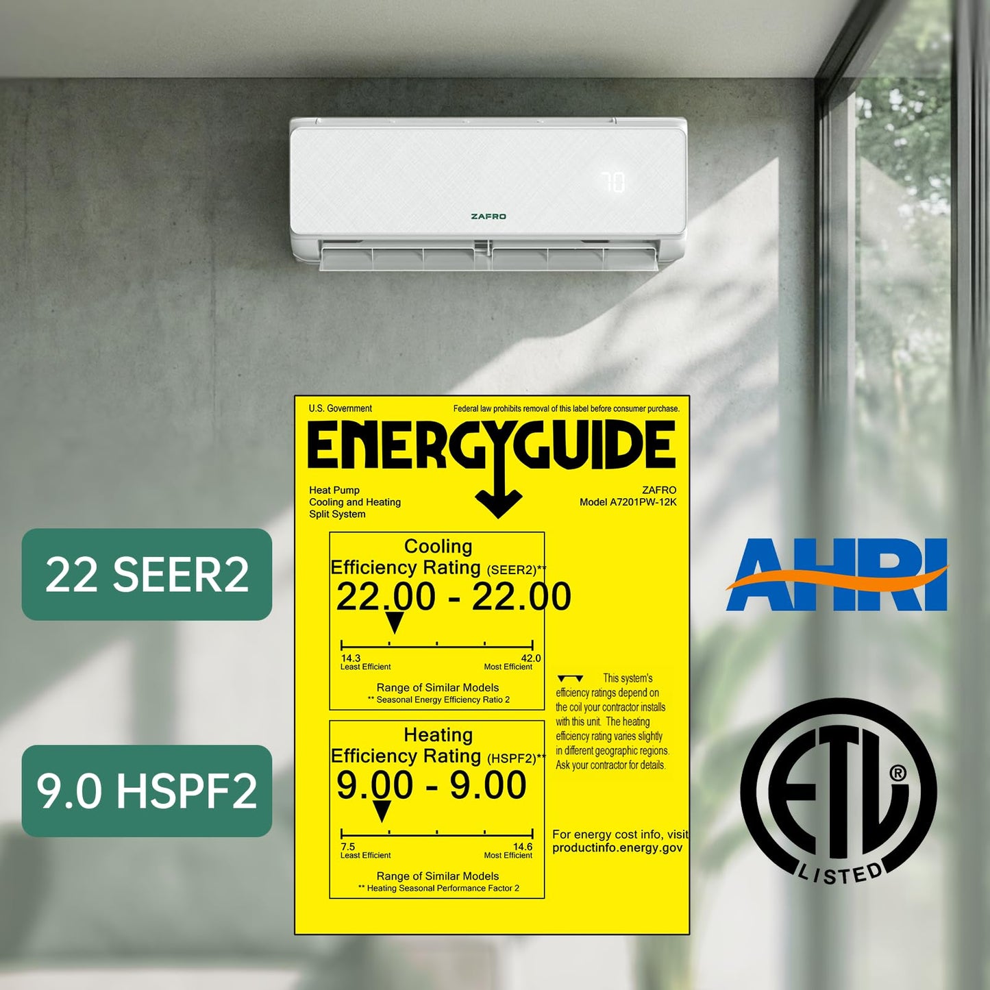 ZAFRO Wifi Enabled Mini Split Air Conditioner & Heater, 12000BTU 115V Inverter Ductless Wall AC Unit with Installation Kit, 24dB Quiet Operation 22 SEER2 Pre-Charged Mini Split, Cools Up to 750 Ft²