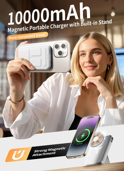 Magnetic Portable Charger, 10000mAh Wireless Power Bank with 20W USB-C Fast Charging, Foldable Stand & LED Display Magnetic Battery Pack, Compatible with iPhone 16/15/14/ All Series