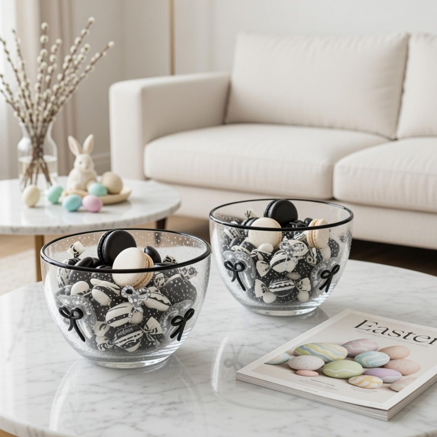 Potchen 2 Pcs Bow Glass Bowls, 14 Oz Decorative Glass Dessert Bowls with Black Bow Design Coquette Room Decor Aesthetic Candy Fruit Serving Bowl for Vanity Coffee Table Kitchen Counter
