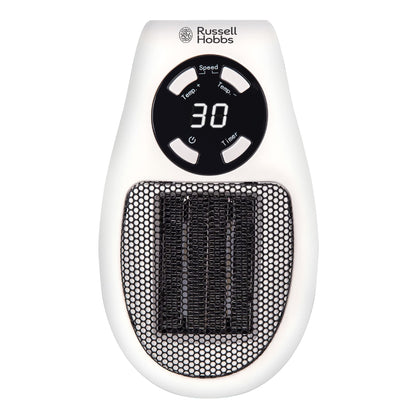 Russell Hobbs RHPH2001 500W Ceramic Plug Heater, Adjustable thermostat, 12 Hour Timer & LED Display, 2 Fan Speeds, 2 Year Guarantee, White