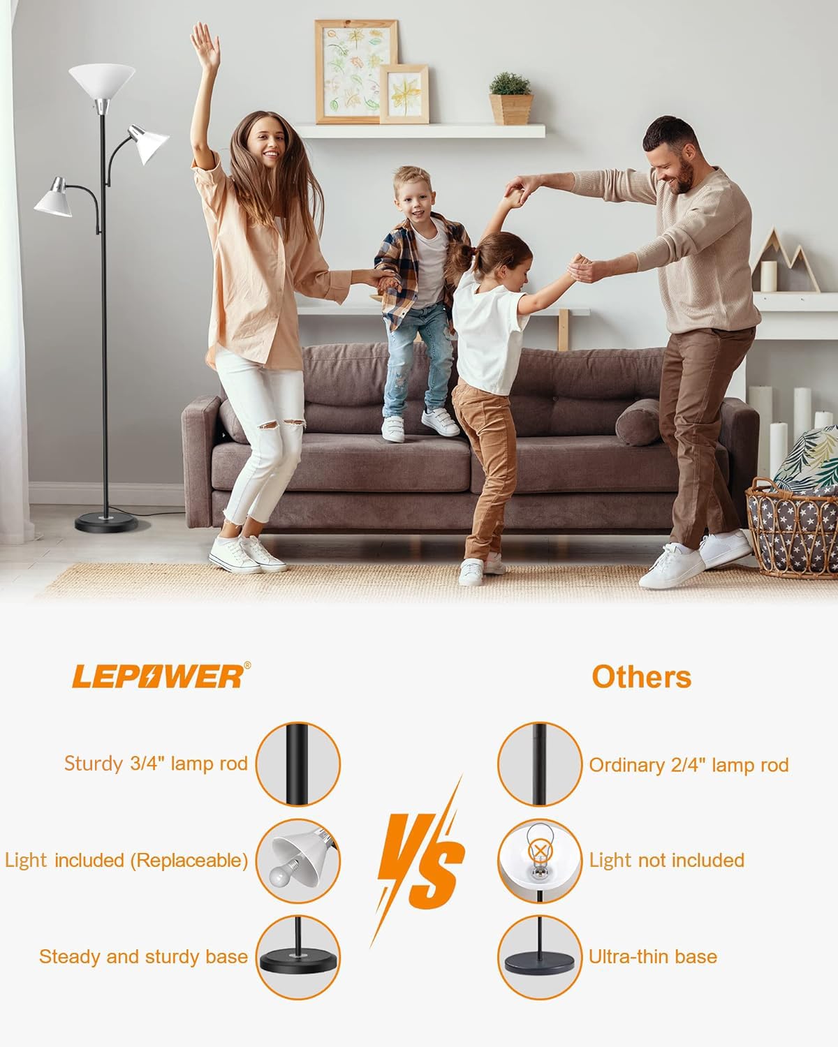 LEPOWER Floor Lamp, Standing Lamp with Replaceable 3000K Energy-Saving, Metal Lamp for Living Room with Adjustable Reading Lights, Modern Bright Floor Lamp for Bedroom, Office