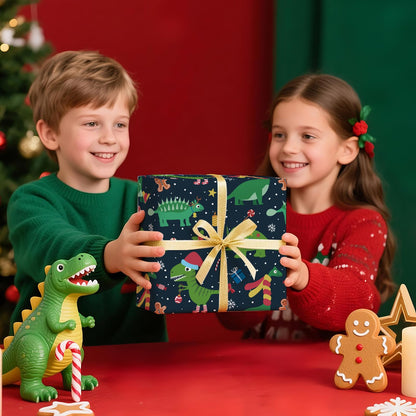 WRAPAHOLIC Dinosaur Christmas Wrapping Paper - Mini Roll - 17 Inch x 16.5 Feet - Green Christmas Dinosaur Wrapping Paper for Boys Girls Kids, Xmas Holiday, Party Celebration