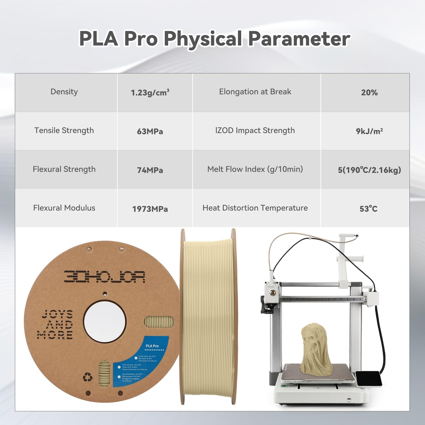 3DHoJor PLA Pro Filament 1.75mm,3D Printer Filament,1kg Cardboard Spool (2.2lbs), Fit Most FDM 3D Printer, Bone White