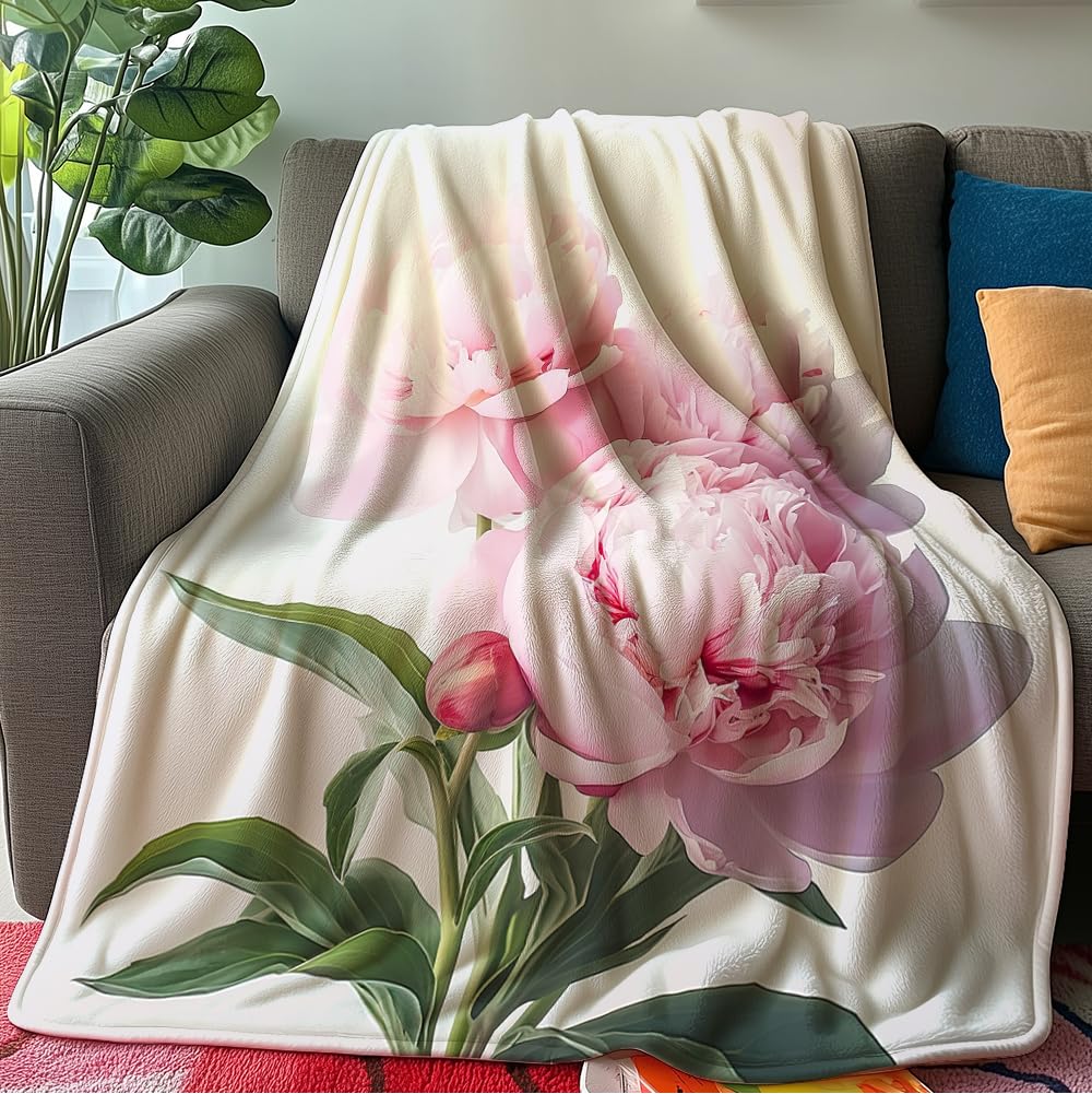 HUNXIAOJ Peony Throw Blanket Peony Gift for Women Floral Print Blanket Flower Decor Warm Soft Flannel for Girls Women Adults Bed Sofa Couch (50 in x 60 in)