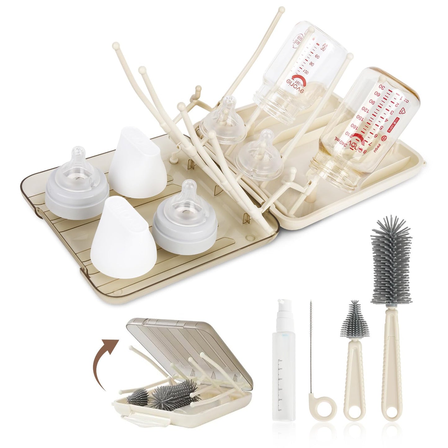 Baby Bottle Brush Set, 6-in-1 Travel Bottle Cleaning Kit with Silicone Bottle Brush, Nipple & Straw Brush, Soap Dispenser, Drying Rack, Storage Box – Compact Travel Baby Essential for Home & On-The-Go