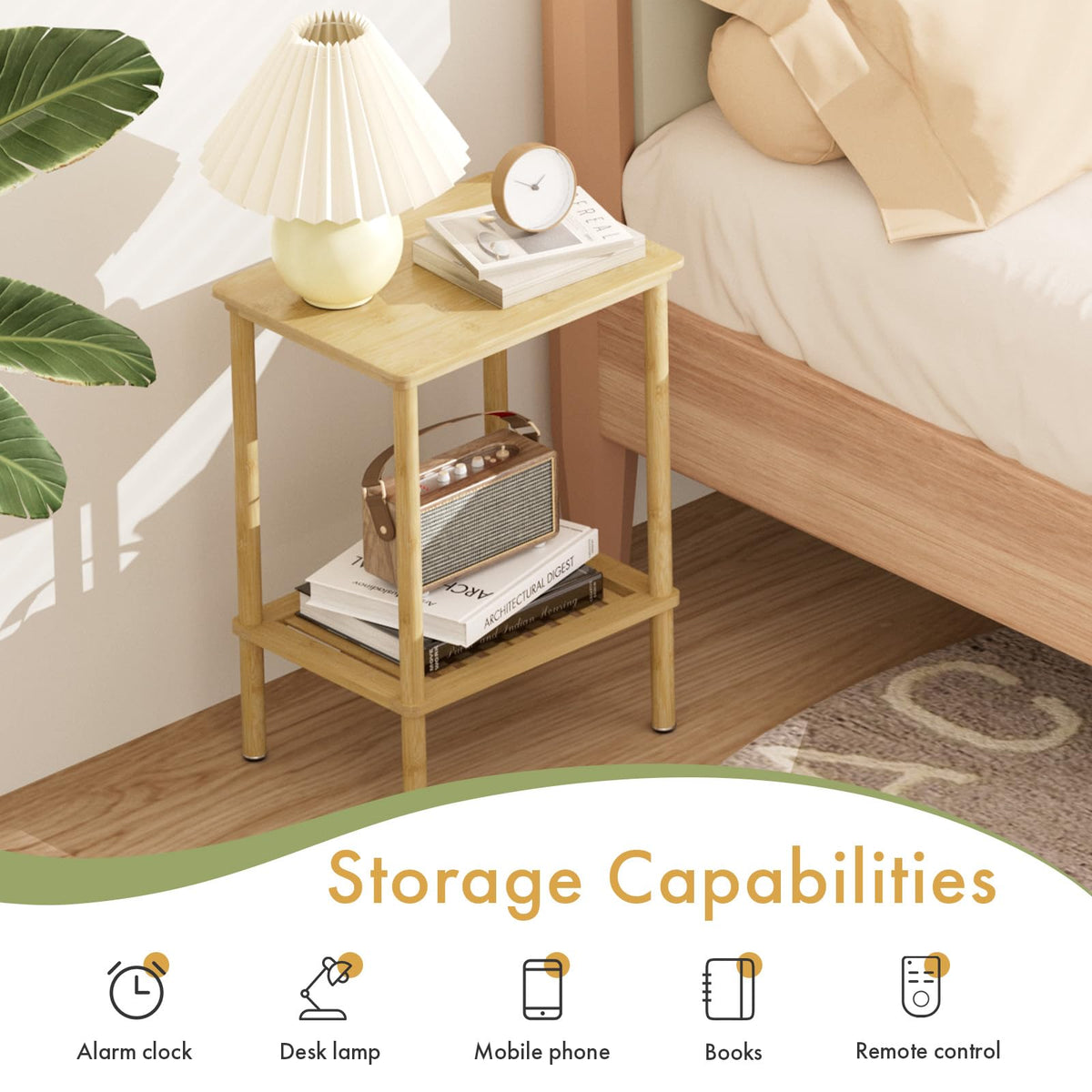 Atoping 2 Tier Bamboo End Table, Narrow Side Table with Adjustable Feet, Waterproof Small Bedside Table, Nightstand, Entryway Table for Living Room Bedroom Bathroom, No Tool Assembly, 66LBS Capacity