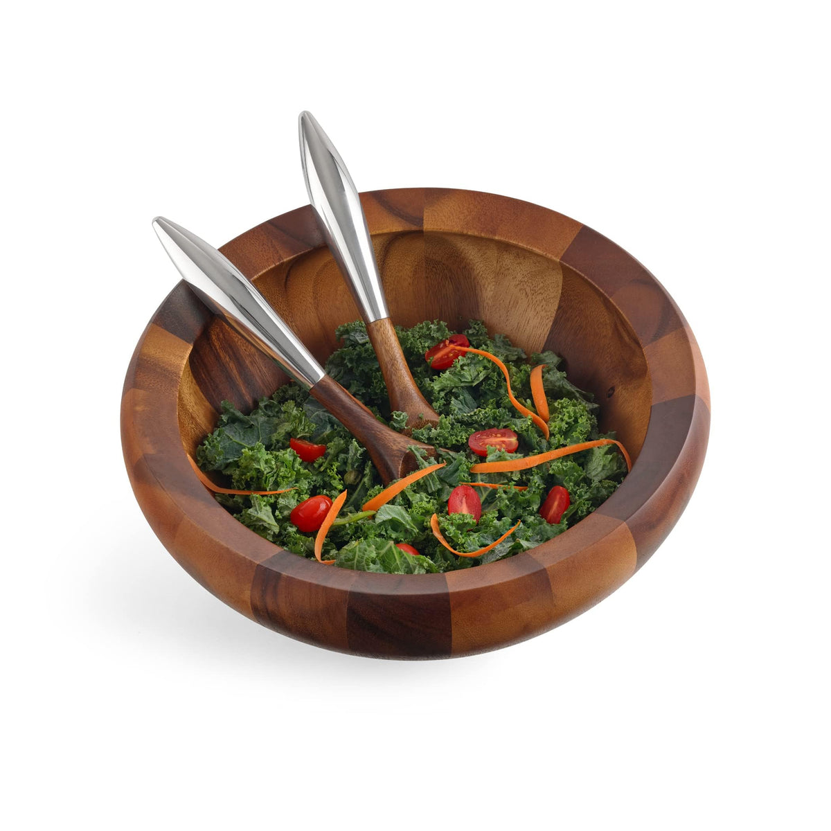 Nambe Yaro Acacia Wood Salad Bowl with 2 Salad Servers | Made of Acacia wood Alloy | Large Deep Wooden Bowls | Acacia Wood Salad Bowl Set | Designed by Sean O’hara