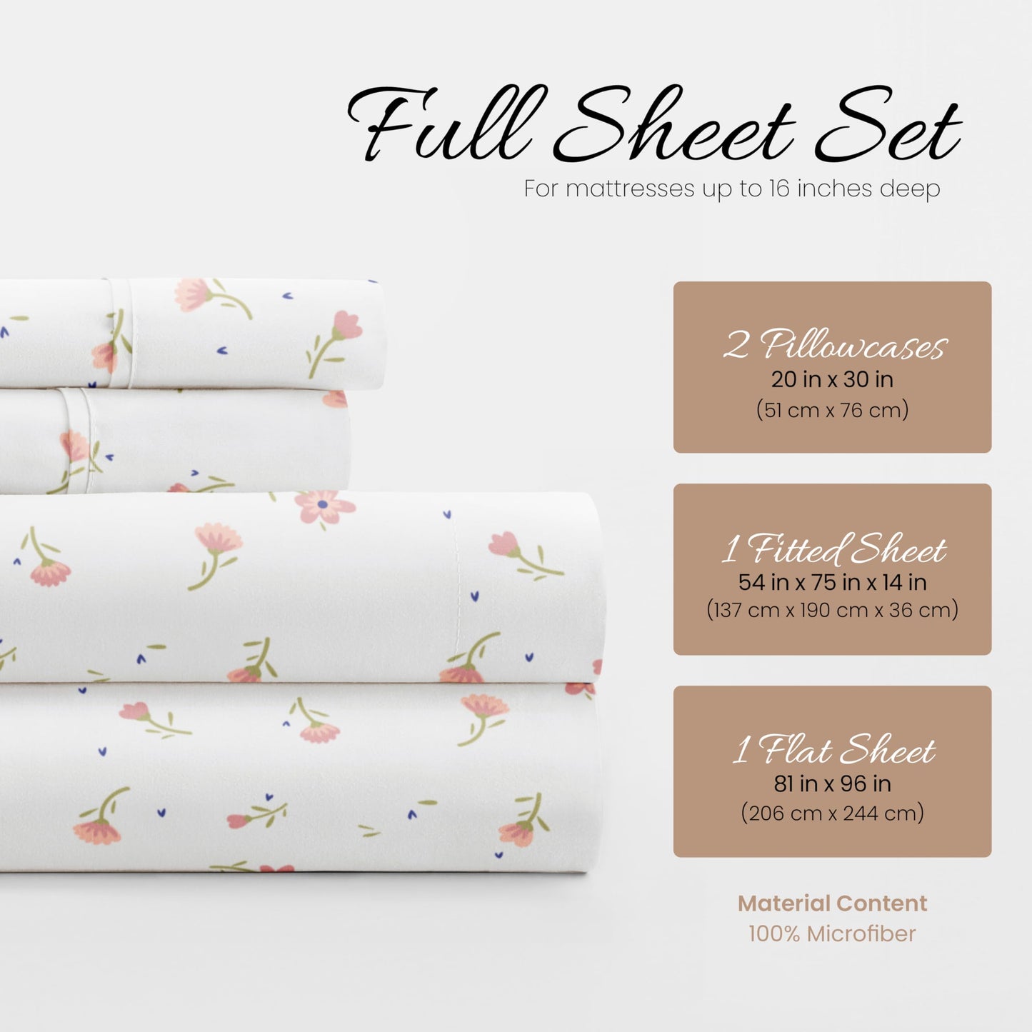 Linen Market Double-Brushed Patterned Microfiber Full Sheet Set 4 Piece – Oeko-TEX Certified Ultra Soft & Wrinkle-Free - 16" Deep Pocket Sheets - Easy Care Full Size - Soft Floral Pink