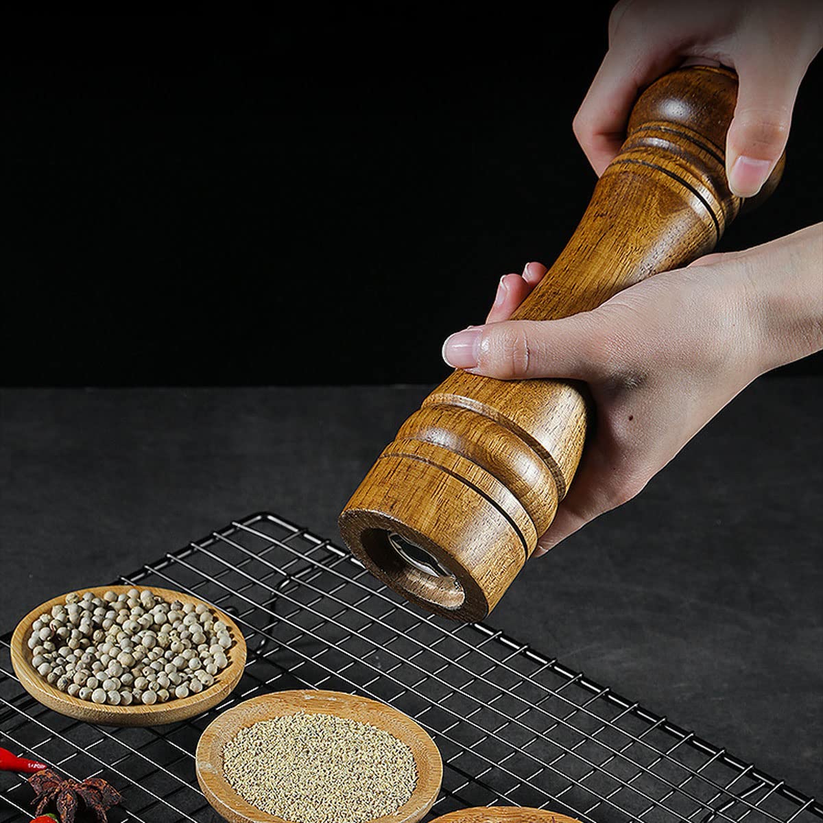 BINHAI Salt and Pepper Mill Set, Wooden Pepper Grinder Set Salt Pepper Grinder Kit Manual Mills Solid with Strong Adjustable Ceramic Grinders 2 Piece 8 Inches