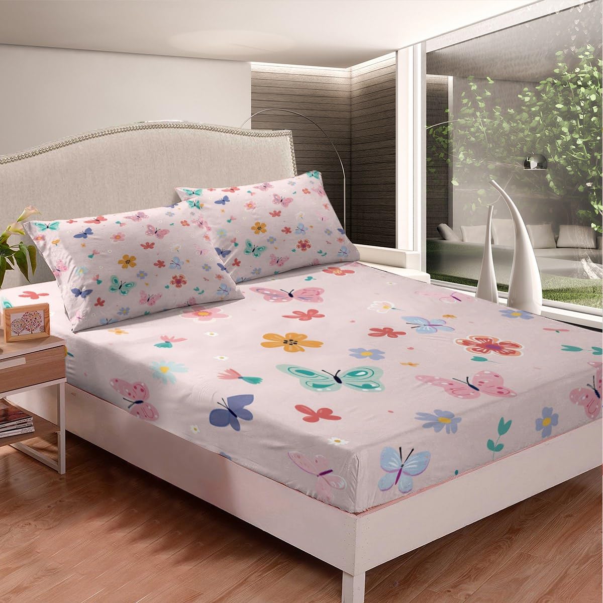 Erosebridal Kawaii Butterfly Twin Bedding Set,Cute Pink Floral Fitted Sheet for Girls Kids,Coquette Flower Garden Bed Set,Pink Girly Princess Bed Sheets 2Pcs Room Decor (No Flat Sheet)