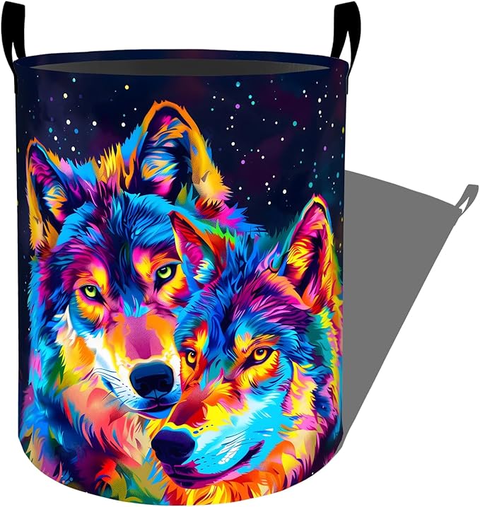 Neon Wolf with Vibrant Color Laundry Basket with Handles, 19.7"x15.7" Clothes
