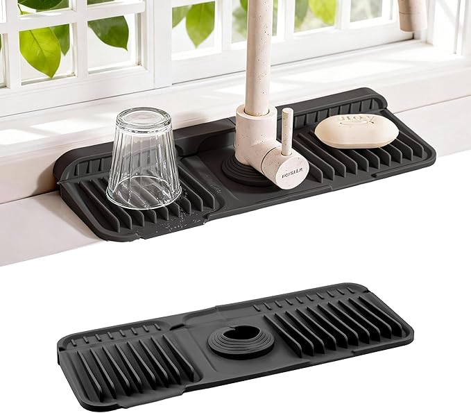 Faucet Mat for Kitchen Sink, Snap-On Design & 7°slope Fast Drain, Folding Sink