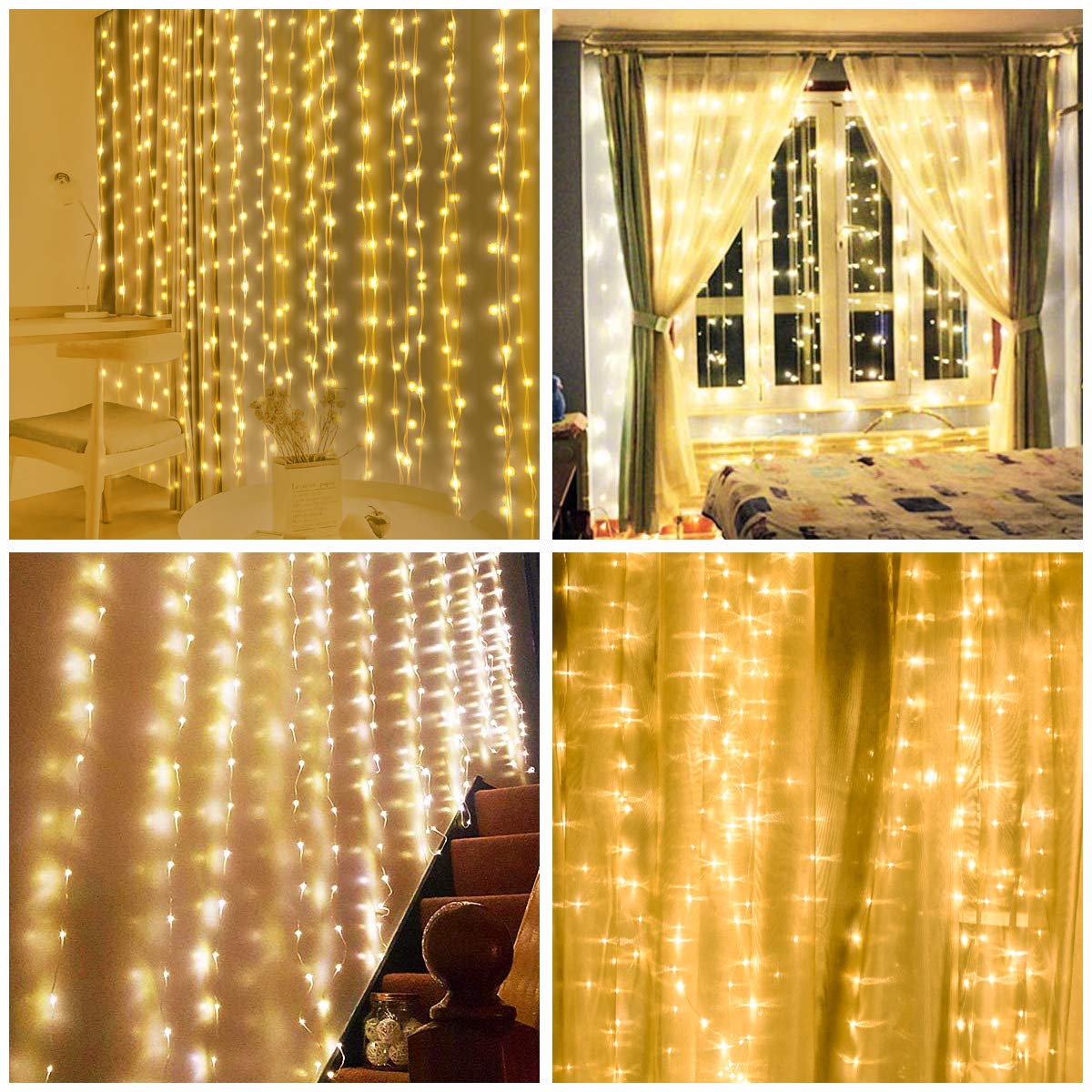 Vicloon Fairy Curtain Lights,300 LED Warm White Curtain Lights,8 Modes 9.8×9.8Ft Waterproof Window Curtain String Light USB&Battery Powered with Remote Control,String Lights Curtain for Indoor,Outdoor