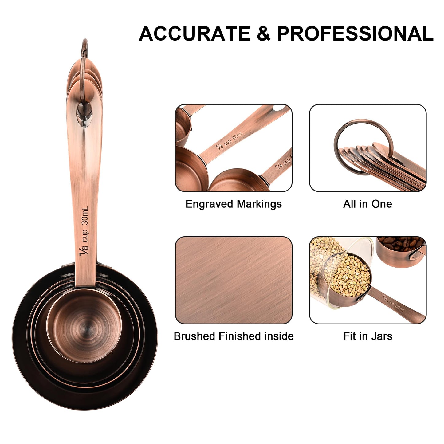 Nstezrne Copper Measuring Cups and Spoons Set, Stainless Steel Measuring Cups and Spoons Set 12, Metal Measuring Cups Set, 5 Measuring Cup Set and 6 Copper Measuring Spoons &Leveler for Kitchen