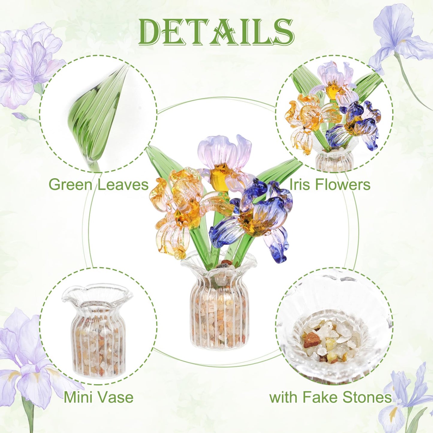 Lovmeety Mini Glass Flowers with Vase, Handmade Crystal Flowers Decor Iris Flower Arrangements Glass Flower Bouquet for Home Office Shelf Table Centerpiece Gift for Women