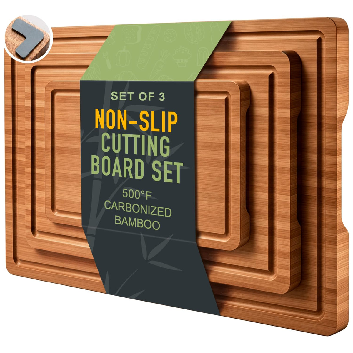 3 Pack Bamboo Cutting Board Set with Non Slip Solid Wood Cutting Boards Non Toxic Chopping Board for Kitchen Small Cutting Board Non Plastic Charcuterie Boards Meat Healthy Bread Cutting Board Sets