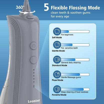 Leominor Water Dental Flosser - 5 Modes Cordless Portable Oral Irrigator, IPX7 Waterproof, Rechargeable Teeth Cleaner Upgrade Datchable Tank Professional Flossing Cleaning Pick for Home Travel (Black)