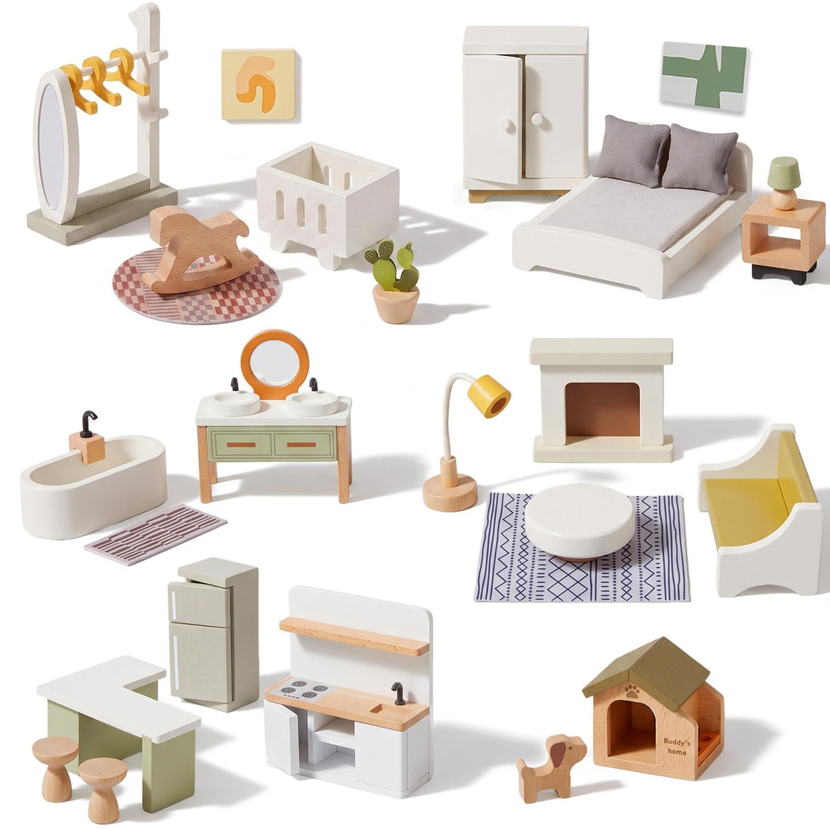 Giant bean 33 PCS Wooden Dollhouse Furniture Set, Modern Doll House Accessories with Bedroom, Kitchen, Bathroom, Nursery & Living Room, Montessori Pretend Play Toys for Kids Girls Boys Age 3+