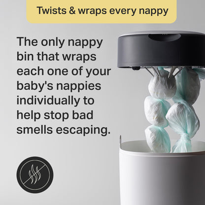 Tommee Tippee Twist and Click Nappy Bin Starter Set, 6x Refill Cassettes with Multilayer, Antibacterial Film, 100% Recycled Chassis, White