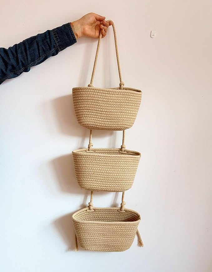 3-Tier Decorative Cotton Rope Hanging Basket, Wall-Mounted Woven Storage