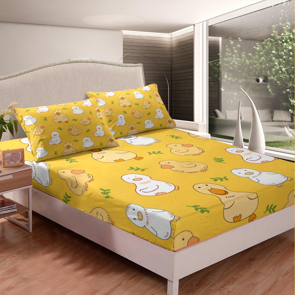 Erosebridal Cartoon Duck Bed Sheets for Kids Boys Girls,Kawaii Yellow Duck Sheet Set,Cute Hand Drawn Goose Bedding Set Full,Lovely Farmhouse Animal Fitted Sheet + Flat Sheet + 2 Pillow Shams