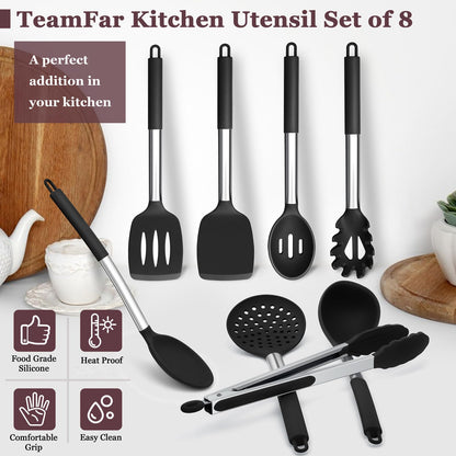TeamFar Kitchen Utensils Set of 8, Silicone Utensils Kitchen Tools Set with Stainless Steel Handle, for Frying Serving Flipping Draining, Non-toxic & Heatproof, Nonstick & Dishwasher Safe - Black