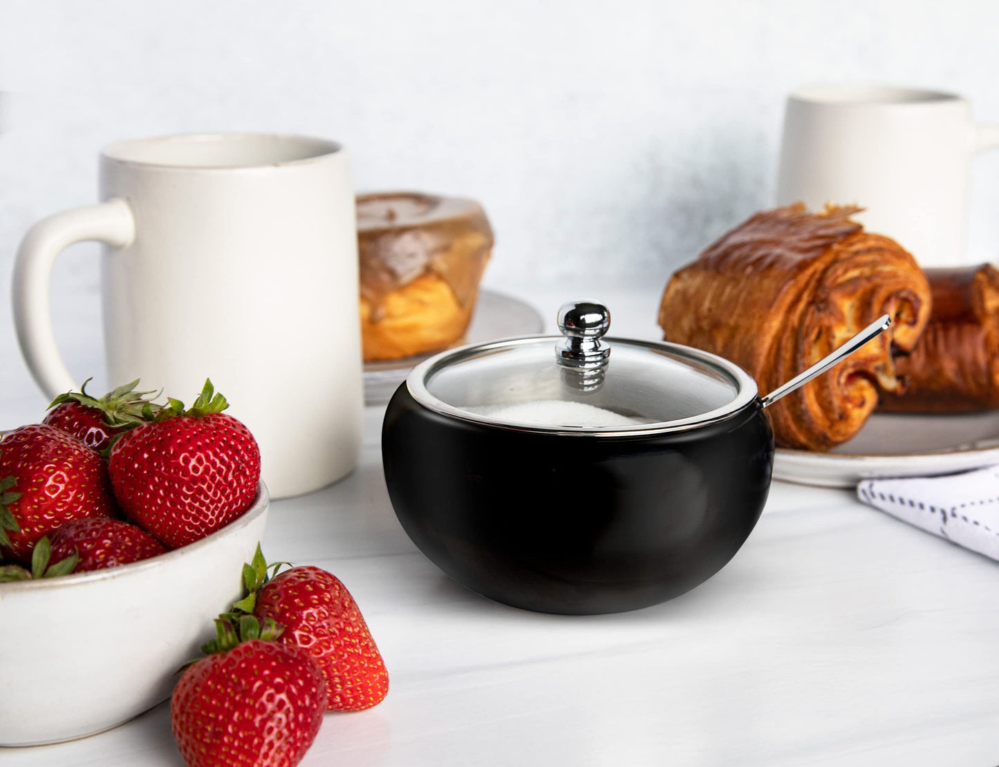 KooK Sugar Bowl, Sugar Bowl with Lid and Spoon, Sugar Container with Lid, for Salt, Coffee, Holds 2 Cups, Dishwasher Safe, Matte Black, 16 Oz