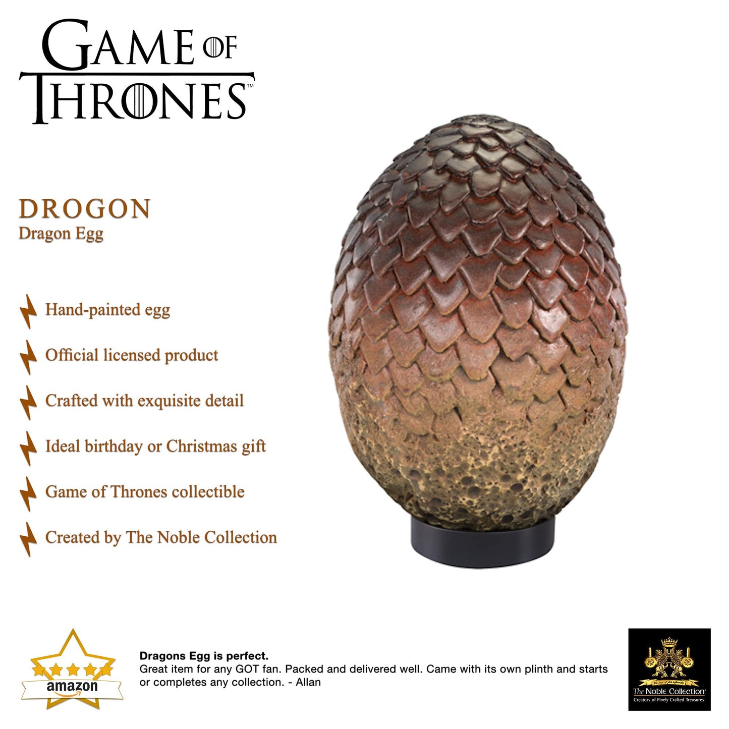 The Noble Collection Game Of Thrones Drogon Egg - 11in (28cm) Hand Painted Dragon Egg - Officially Licensed TV Show Props Replicas Gifts
