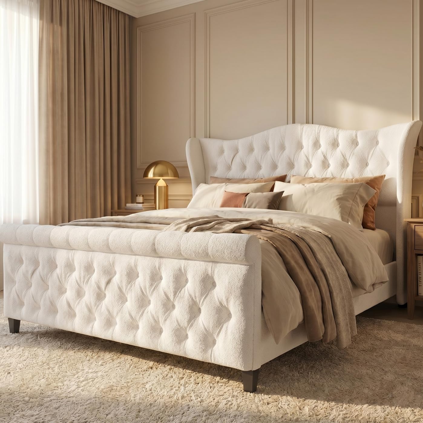 koorlian Queen Size Bed Frame with Headboard,Chenille Upholstered Sleigh Platform Bed,Luxury Button-Tufted Wingback Headboard 50.6" Tall & Sleigh Footboard,No Box Spring Needed,Easy Assembly