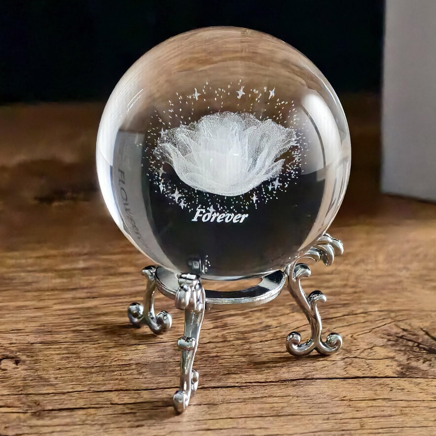 2Pcs Crystal Balls with Silver Stands - 3D Laser Engraved Rose & Clear Crystal Sphere Set, Decorative Paper Weights, Home & Party Decor, Photography Props,Birthday Gifts for Girls Women & Mom
