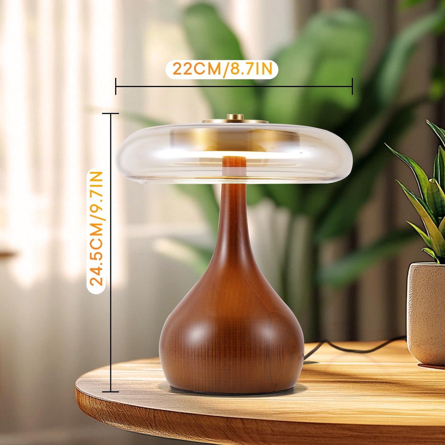 WTHTNROM Small Table Lamp for Bedroom-Wooden Base Teardrop Mushroom Table Lamps,Amber Glass Shade,LED Three Color Temperature Adjustable Brightness Modern LED Side Table and Desk Lighting(H 9.7 in)
