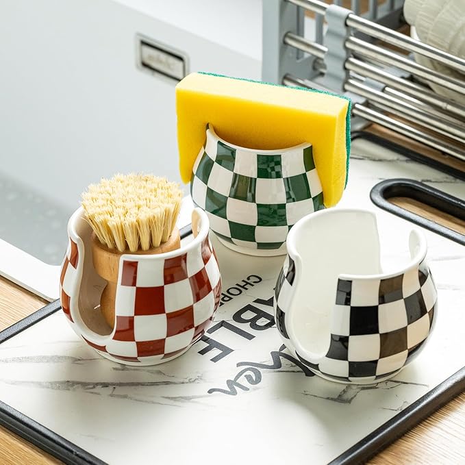 Checkered Sponge Holder for Kitchen Sink Counter, Ceramic Dish Sponge Caddy