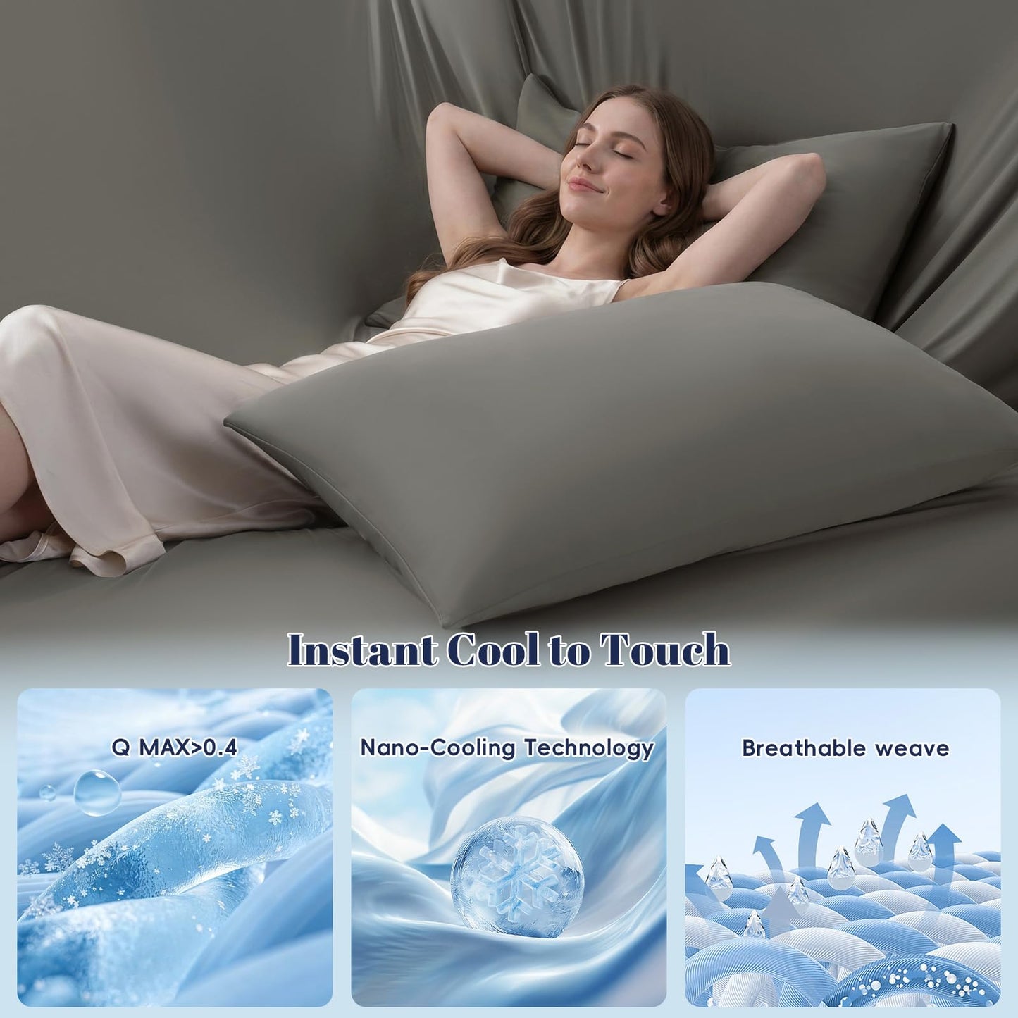 PHF Cooling Fitted Sheet Set Queen Size for Hot Sleepers, Q-Max > 0.4, Silky Soft & Breathable, Ideal for Night Sweats & Summer, 1 Fitted Sheet & 2 Pillowcases, Fits Up to 16", Charcoal Grey