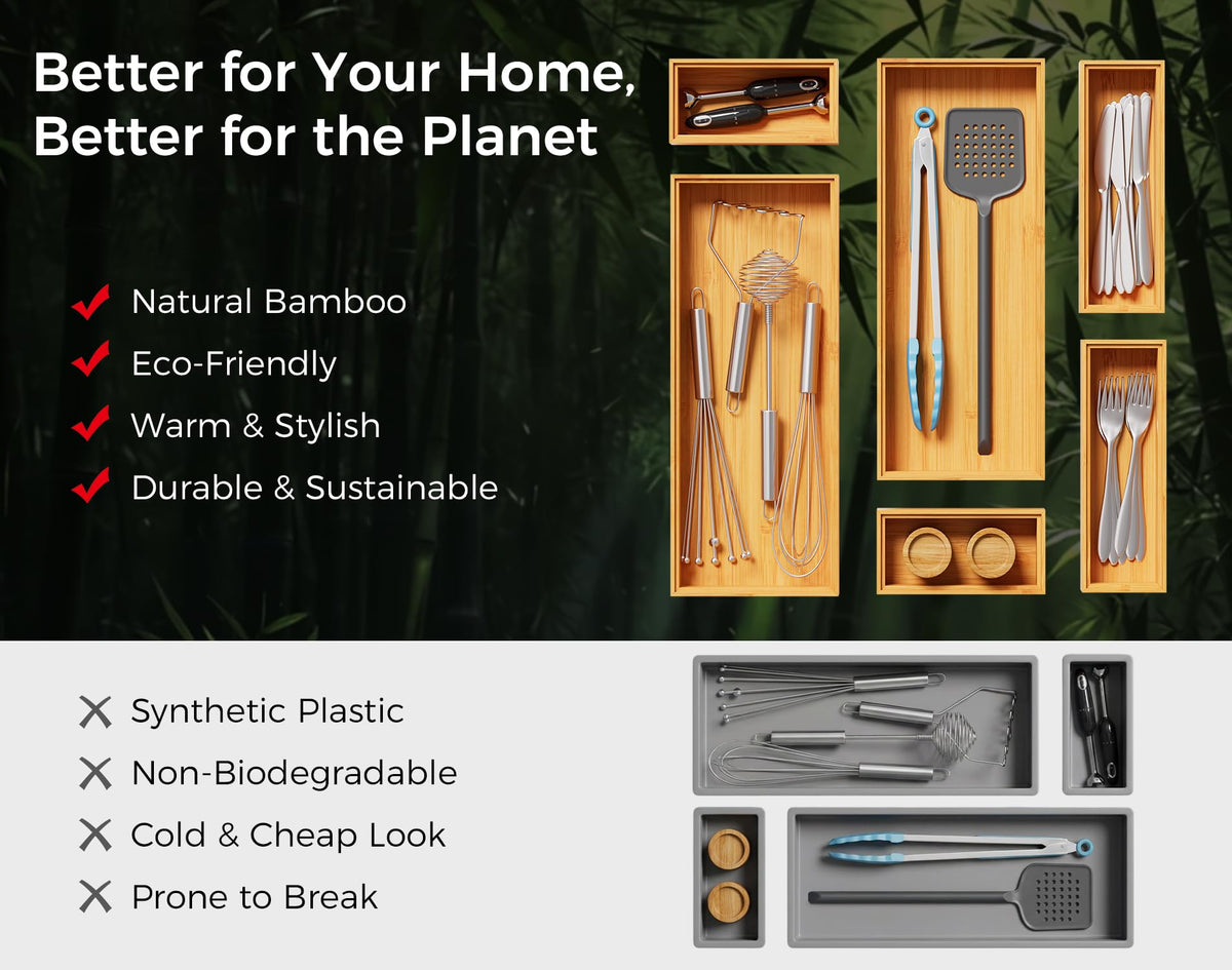 Long Bamboo Kitchen Drawer Organizer Boxes – 17" x 6" Stackable Wood Silverware Utensil Tray for Drawers Bins Cutlery & Flatware Storage – Wooden Pantry Organizers Set of 2 for Junk Drawer Bathroom Rv