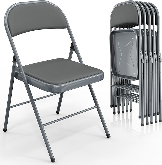 VINGLI 6 Pack Folding Chairs with Padded Seats, Metal Frame with Pu Leather Seat & Back, Capacity 350 lbs, Gray