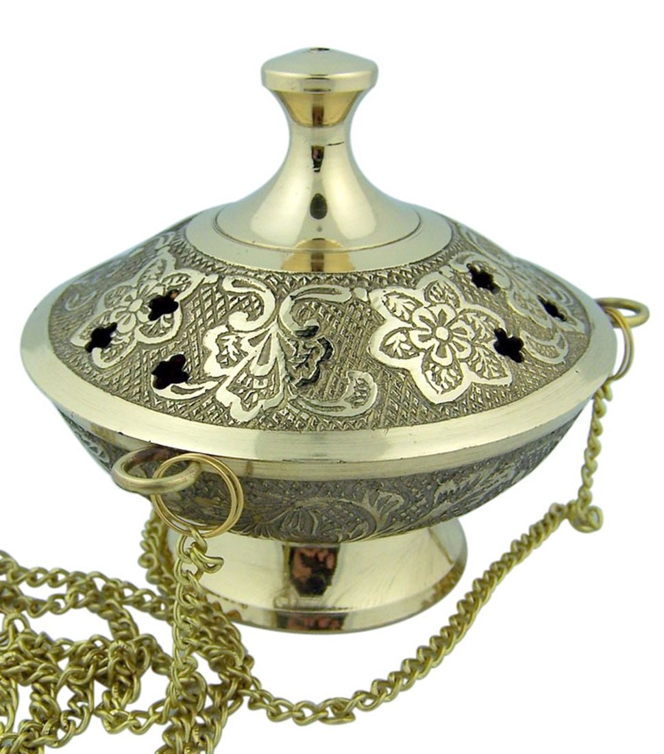 Religious Gifts Gold Plate over Brass Conical Incense Holder, 3 1/2" Dia - 3" H with 9" Chain