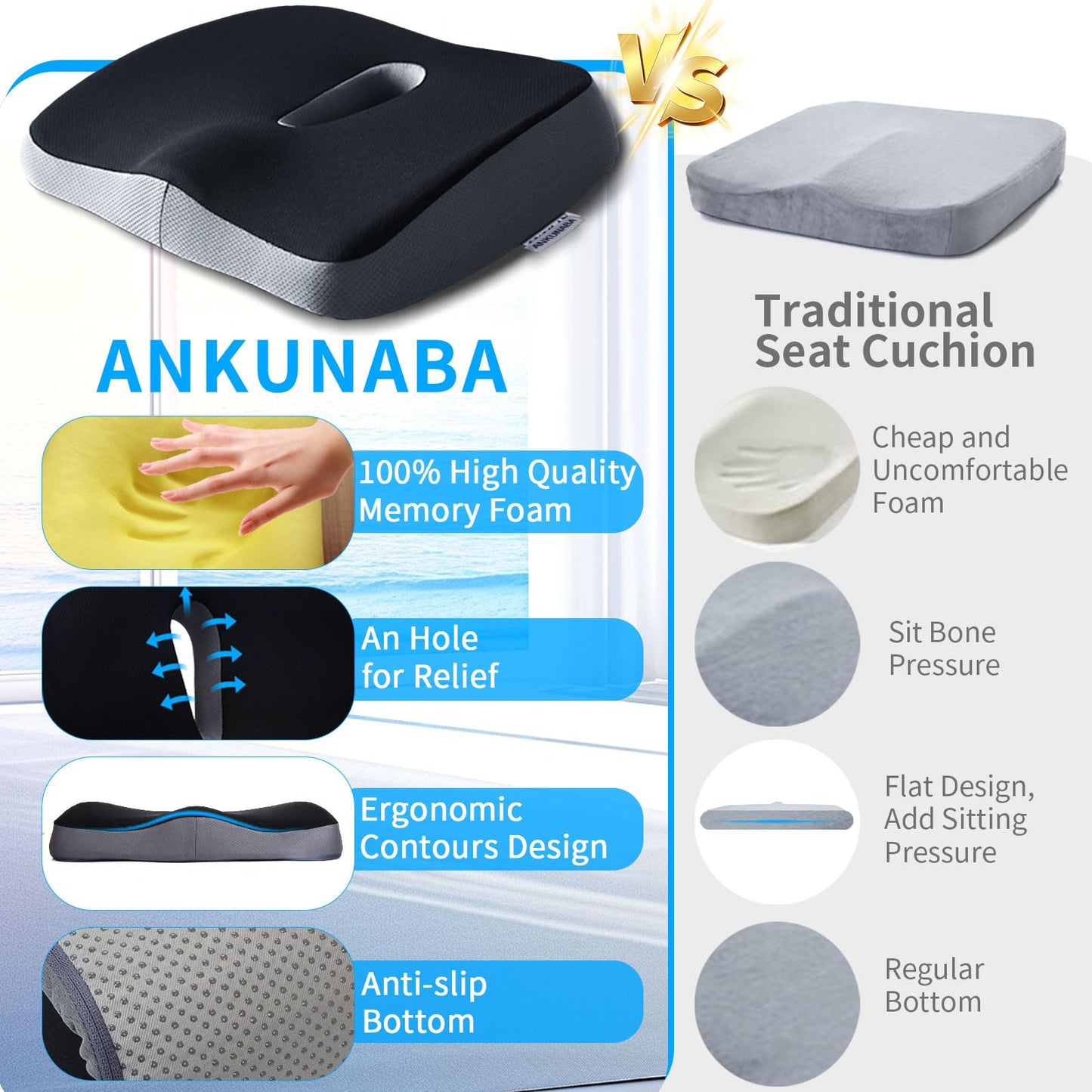 ANKUNABA Seat Cushions for Office Chairs, Large Memory Foam Desk Chair Cushion for Coccyx Tailbone Sciatica Back Pain Relief, Orthopedic Chair Pad for Car Wheelchair Computer Long Sitting (Black)