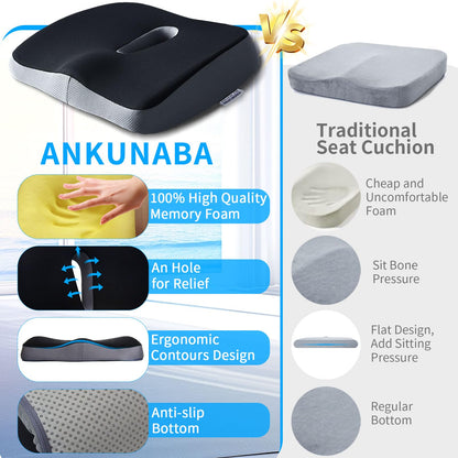 ANKUNABA Seat Cushions for Office Chairs, Large Memory Foam Desk Chair Cushion for Coccyx Tailbone Sciatica Back Pain Relief, Orthopedic Chair Pad for Car Wheelchair Computer Long Sitting (Black)