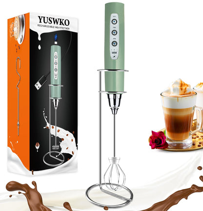 YUSWKO Black Handheld Milk Frother Wand for Coffee, Rechargeable Electric Whisk with 3 Heads 3 Speeds Drink Mixer Coffee Frother For Latte, Cappuccino, Hot Chocolate, Egg