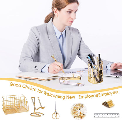 KAAKOW Gold Desk Organizers and Accessories Office Supplies Set Stapler, Pen Holder, Phone Holder, Scissors, Pen, Ruler, 30 Paper Clips, 22 Binder Clip, 20 Tacks and 1000pcs Staples (Gold)
